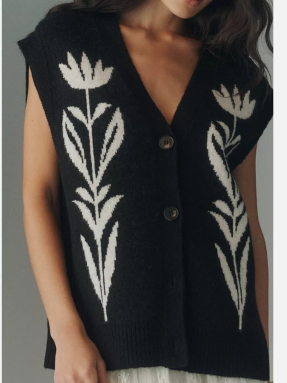 By Anthropologie Button-Front Sweater Vest Cardigan Black Floral Size S NWT - Picture 3 of 6